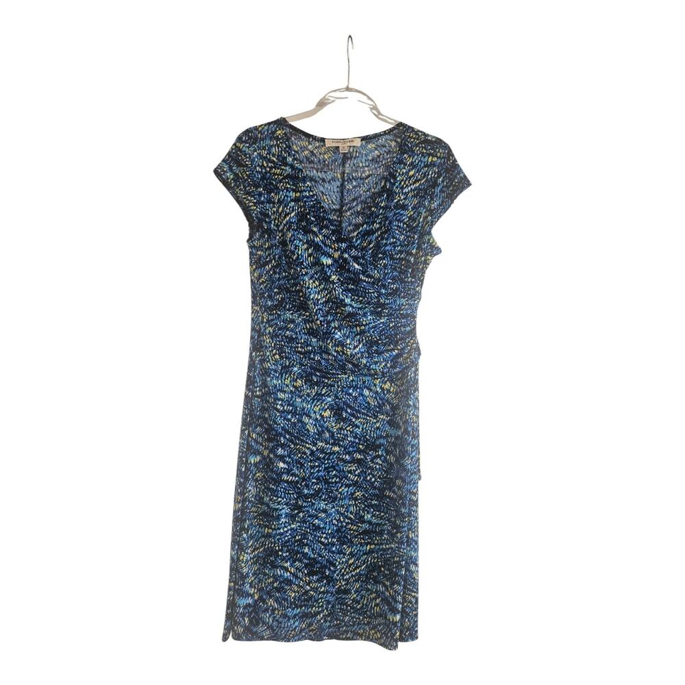 Evan-Picone NWT Dress 10 Midi Stretch V-Neck Abstract Cap Sleeves Side Ruching